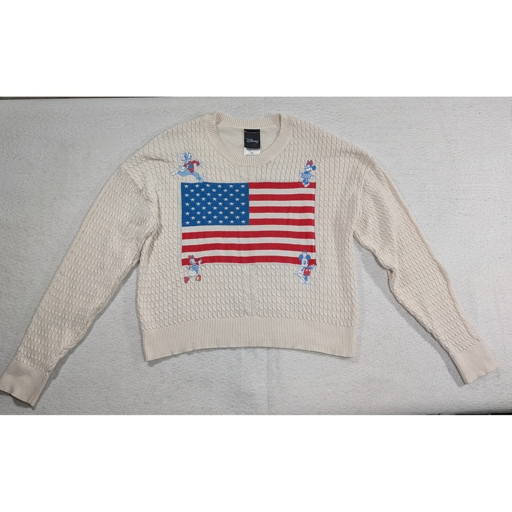 Disney American Flag Mickey Mouse Cable Knit Sweater Cream Womens Large